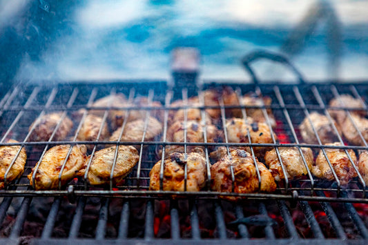 Morceaux de poulet grillés sur une grille au-dessus des braises
