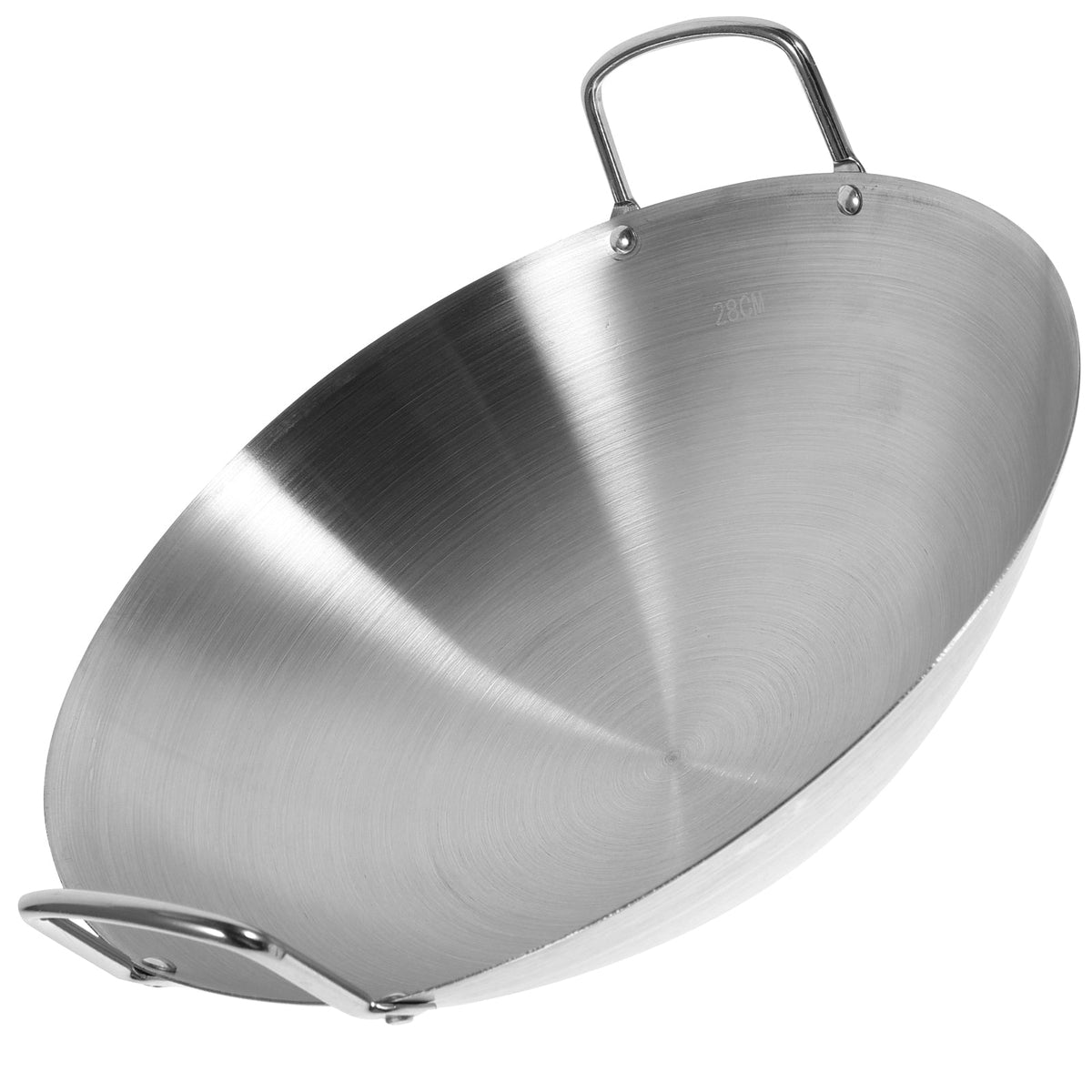 Wok inox à deux anses en métal, vue de trois quarts