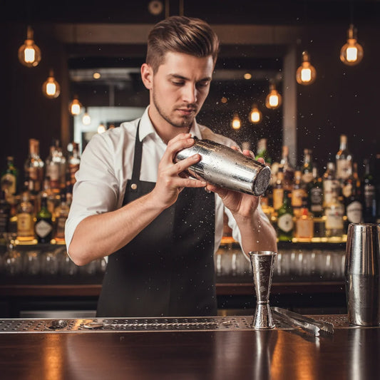 Barman utilisant shaker cocktail inox professionnel pour préparer mojito parfait