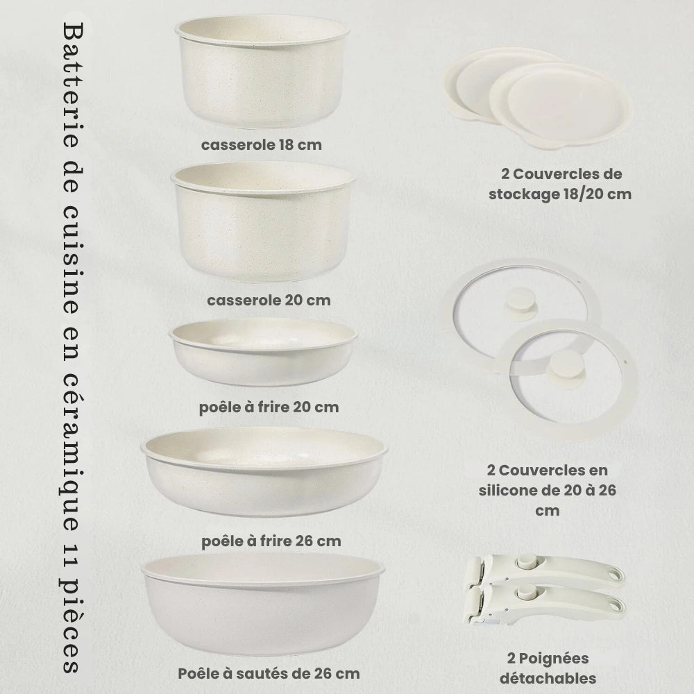 Batterie de cuisine en céramique 11 pièces avec poignées amovibles - cuisine inspirante