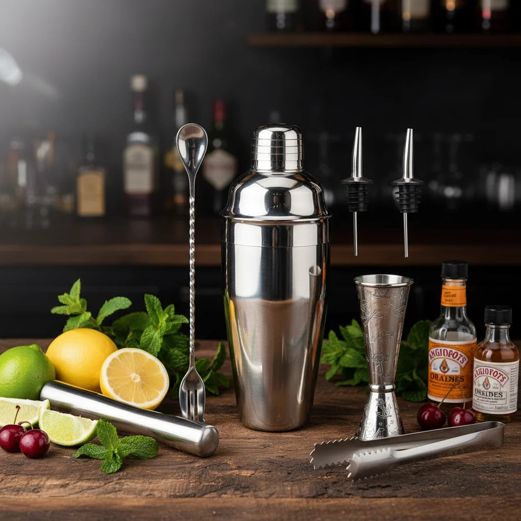 Pack complet shaker cocktail professionnel avec doseur jigger et accessoires bar inox