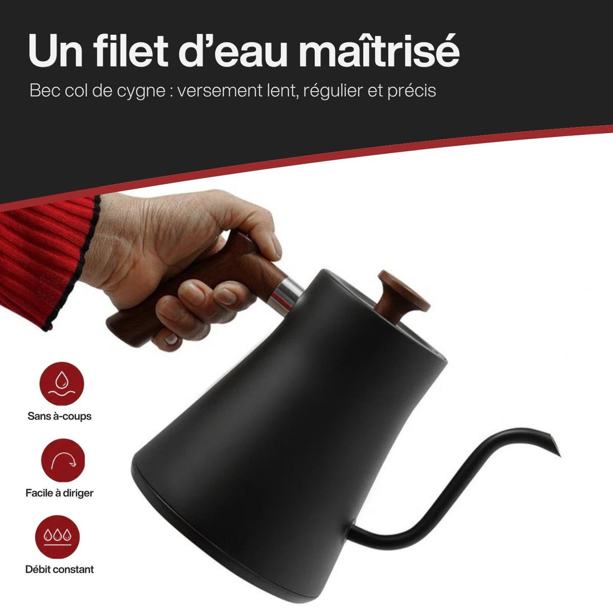 Bouilloire col de cygne tenue en main : un filet d’eau maîtrisé grâce au bec col de cygne