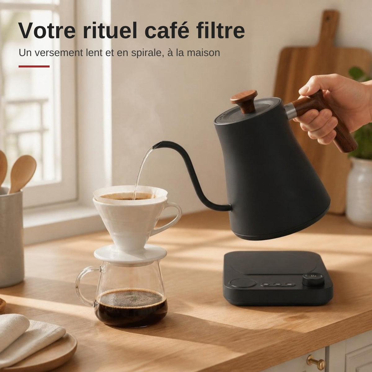 Bouilloire col de cygne versant de l’eau sur un dripper à café filtre dans une cuisine
