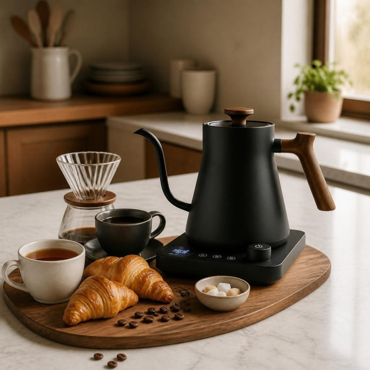 Bouilloire col de cygne noire sur son socle à écran, servie sur un plateau en bois avec café, thé et croissants