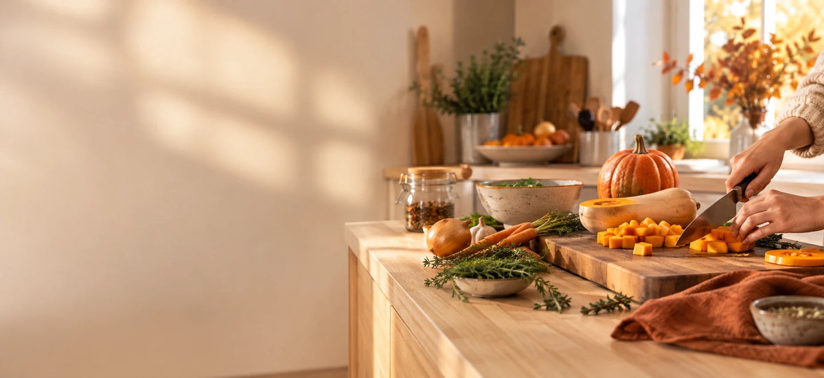 Plan de travail en bois dans une cuisine lumineuse en automne, mains découpant une courge butternut au couteau de chef