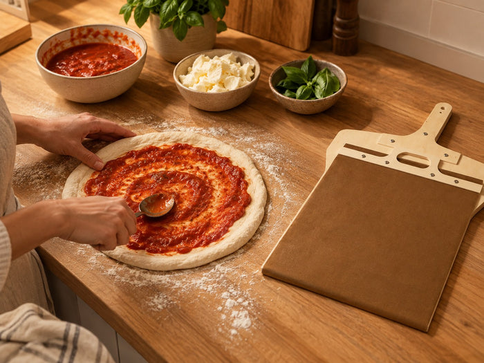 Pizza garnie sur le plan de travail, pelle Fornello posée à côté
