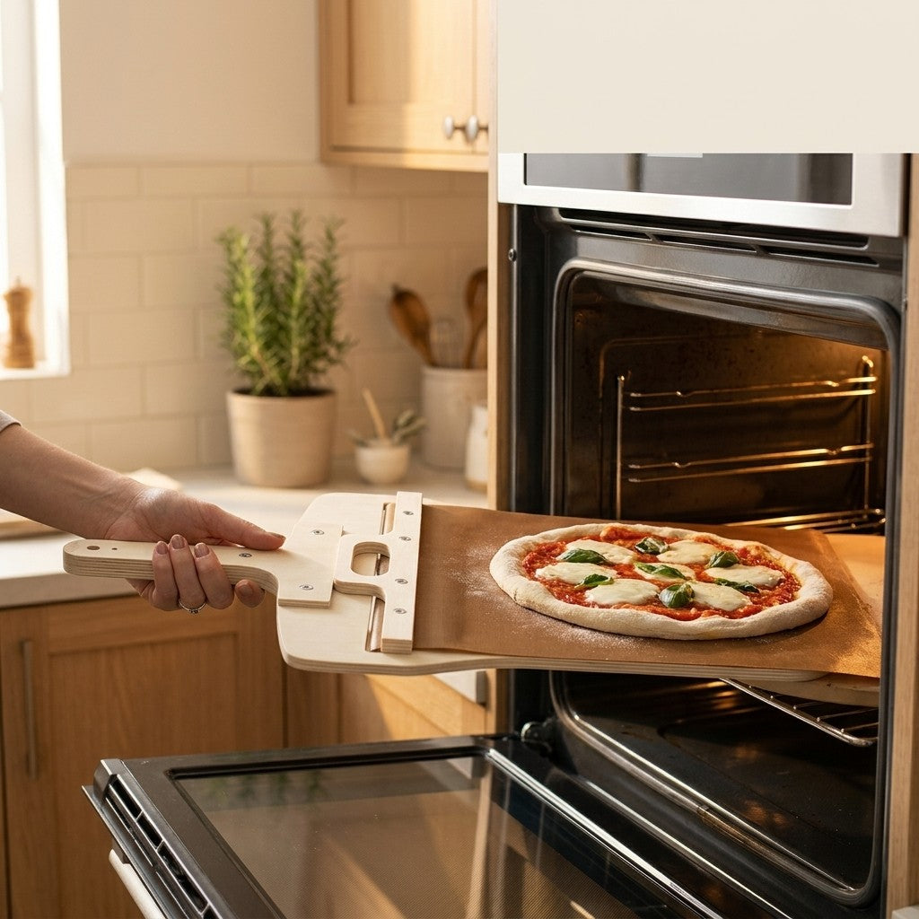 Pizza enfournée avec la pelle coulissante Fornello dans un four domestique