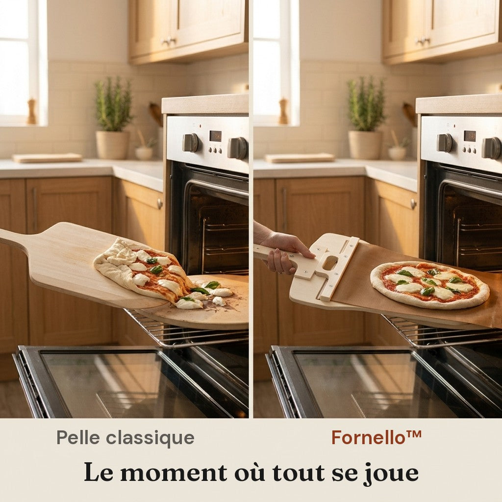 Comparaison entre une pelle classique et la pelle coulissante Fornello au moment d'enfourner