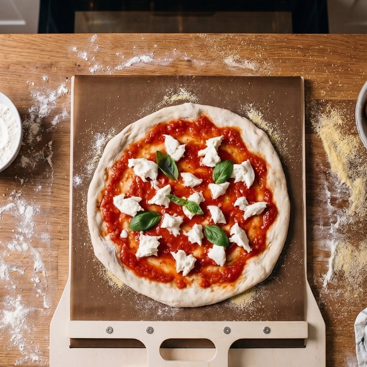 Pizza crue chargée sur la toile de la pelle Fornello, vue de dessus