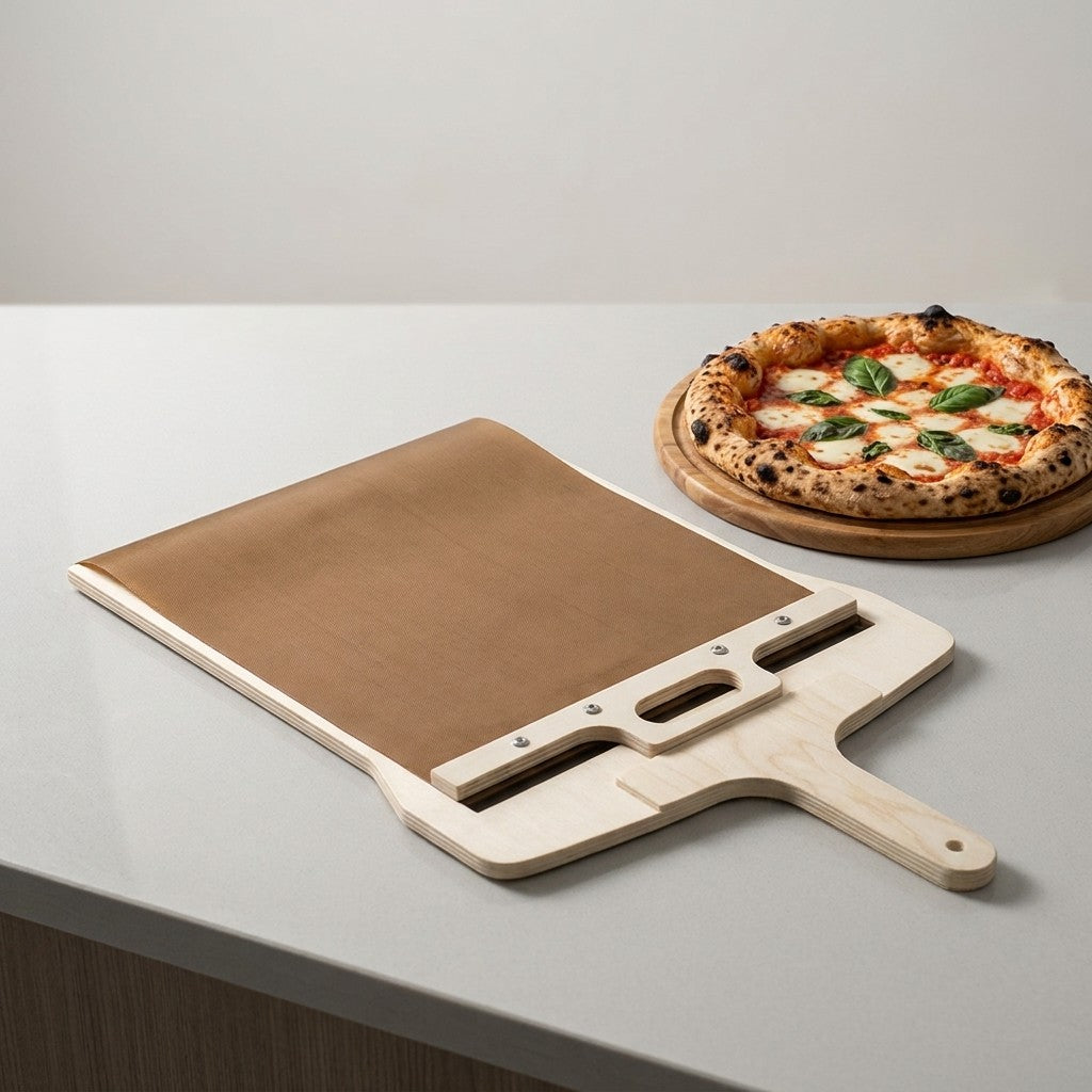Pelle Fornello : toile coulissante, barre vissée et manche, à côté d'une pizza cuite
