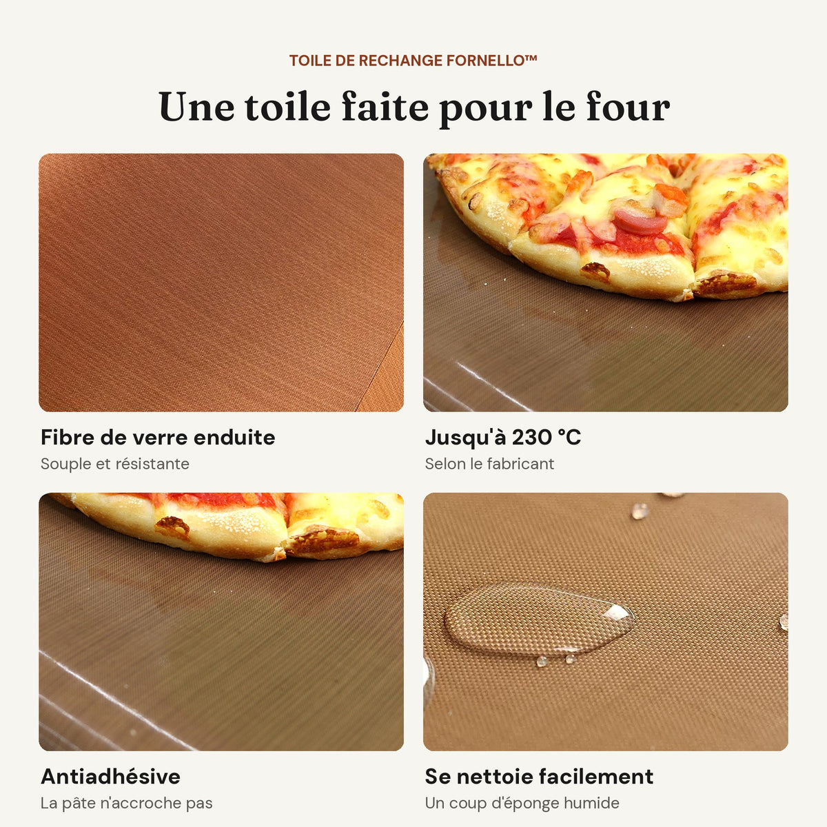Toile de la pelle Fornello : fibre de verre enduite, antiadhésive, résistante jusqu'à 230 °C, facile à nettoyer