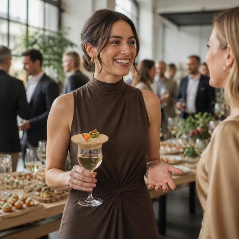Buffet debout, invitée tenant un verre coiffé d'un plateau en bambou
