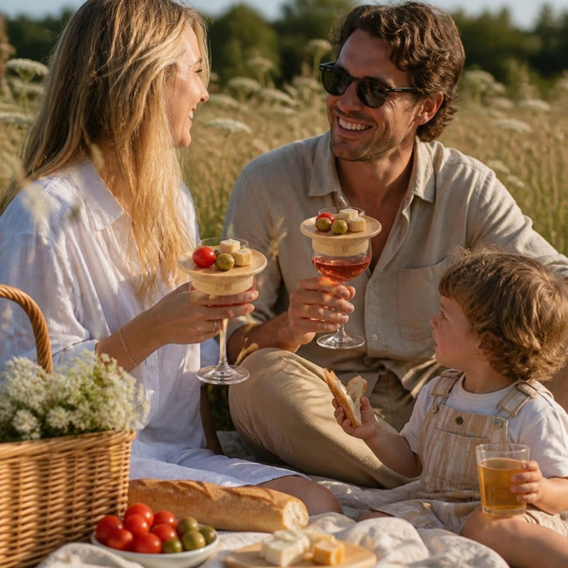 Pique-nique en famille, verres de rosé coiffés de plateaux en bambou