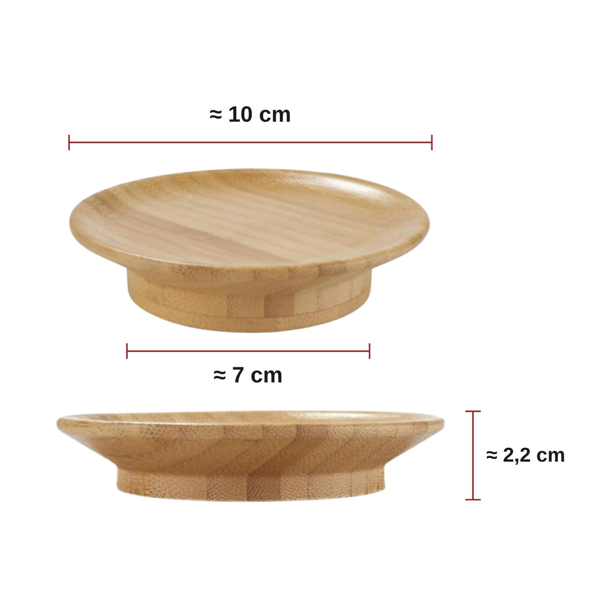 Dimensions du plateau apéritif en bambou : environ 10 cm de diamètre, 7 cm de base et 2,2 cm de hauteur