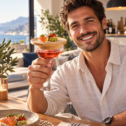 Homme tenant une coupe coiffée d'un plateau en bambou garni, en terrasse face à la mer