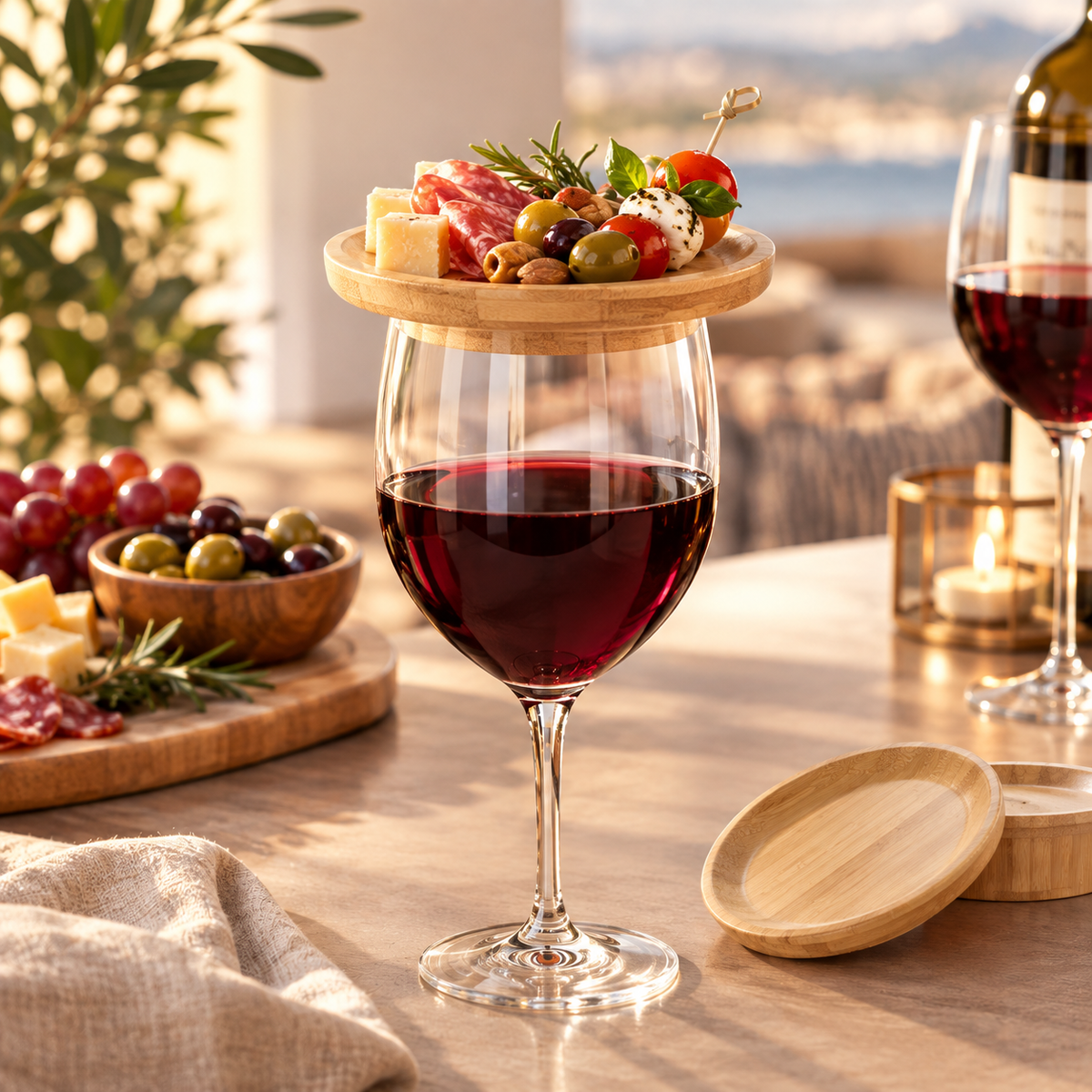 Plateau en bambou garni de charcuterie, fromage et olives posé sur un verre de vin rouge en terrasse