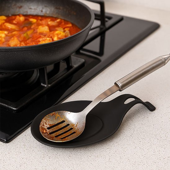 Repose cuillère en silicone noir - cuisine inspirante