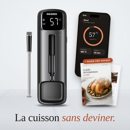 Thermomètre à viande sans fil avec sa sonde, l'application sur téléphone et le guide PDF des températures offert