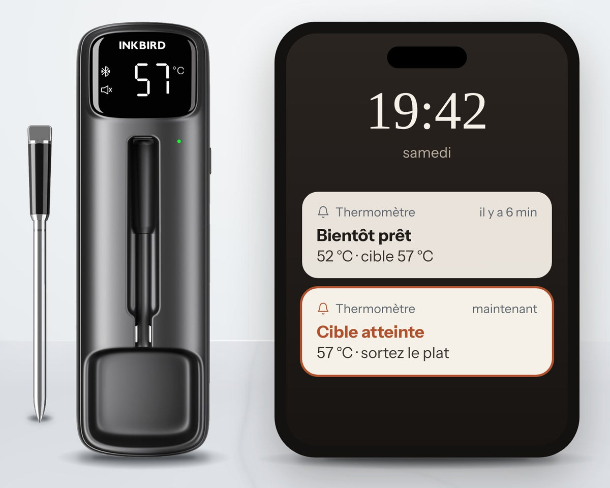 Base du thermomètre et alertes de cuisson sur le téléphone