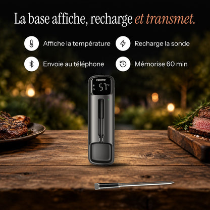 Base du thermomètre sans fil sur une table : elle affiche la température, recharge la sonde et envoie les données au téléphone