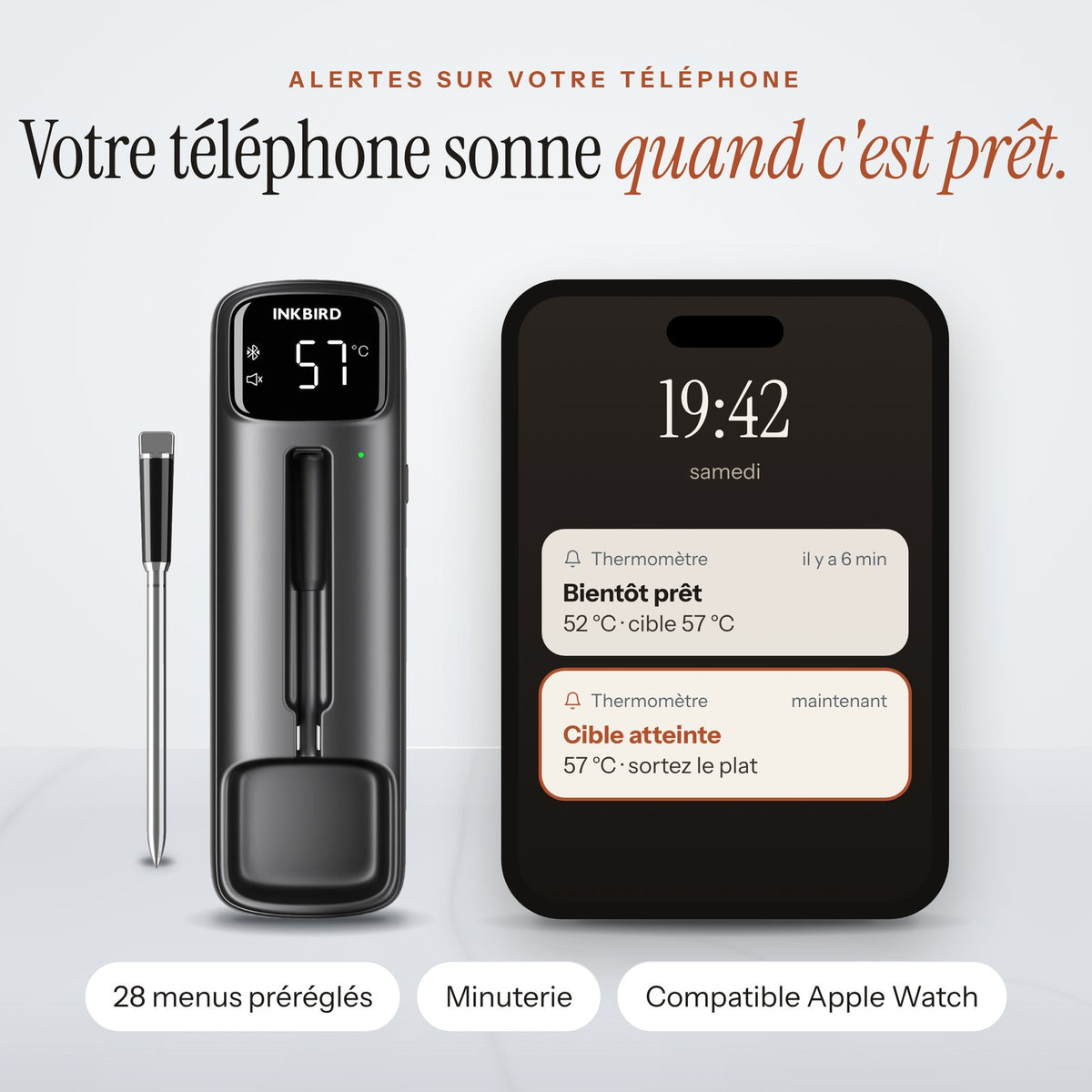 Alerte sur le téléphone quand la viande atteint la température cible