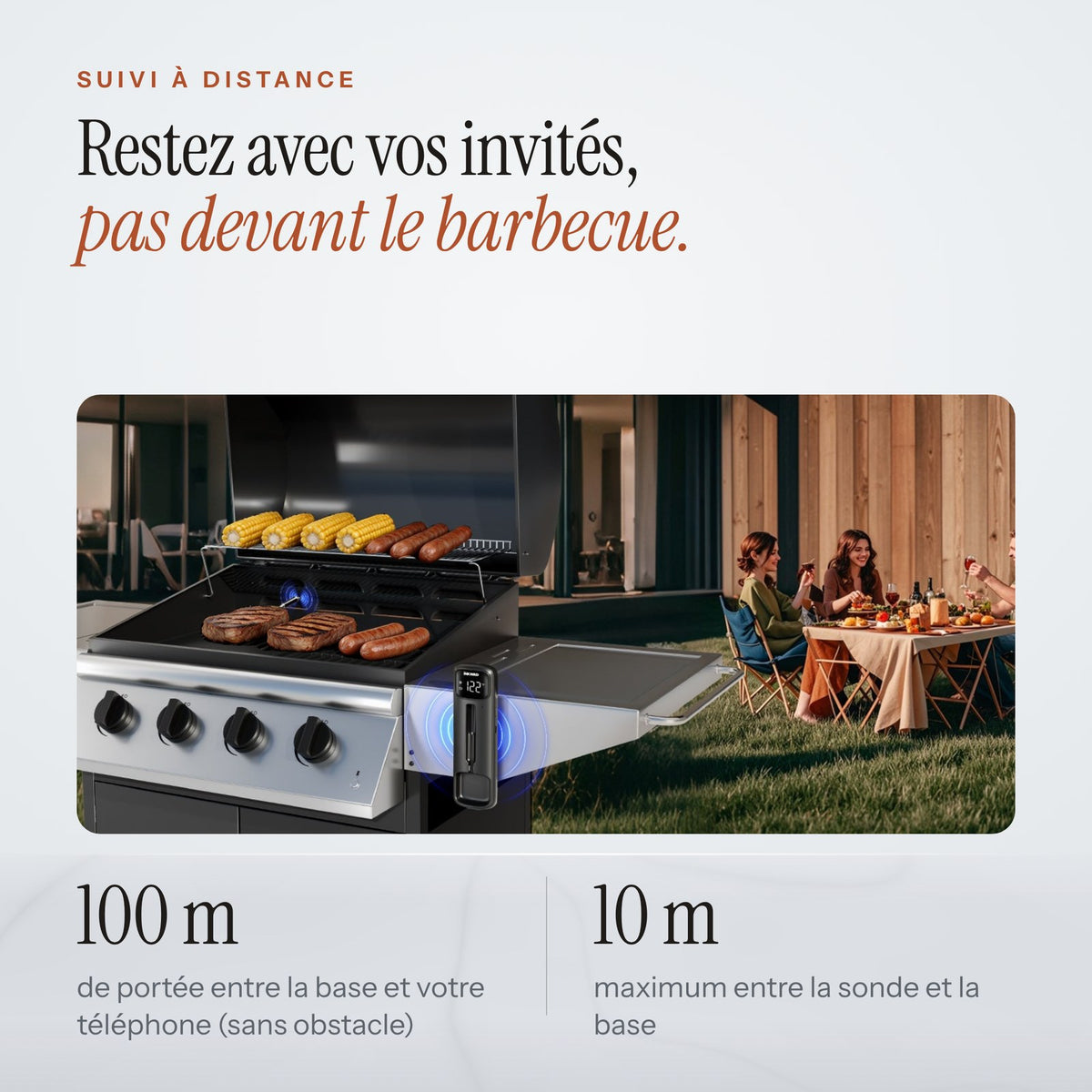 Barbecue entre amis suivi à distance sur le téléphone, jusqu'à 100 m de portée