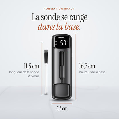 Dimensions : base de 16,7 cm de haut et 5,3 cm de large, sonde de 11,5 cm
