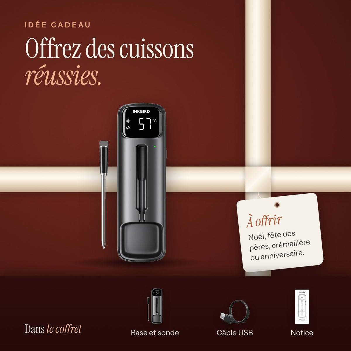 Idée cadeau : thermomètre à viande sans fil et contenu du coffret