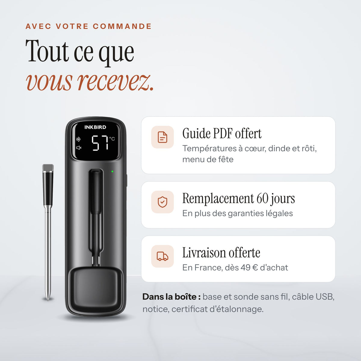 Inclus avec la commande : guide PDF offert, remplacement 60 jours, livraison offerte dès 49 €